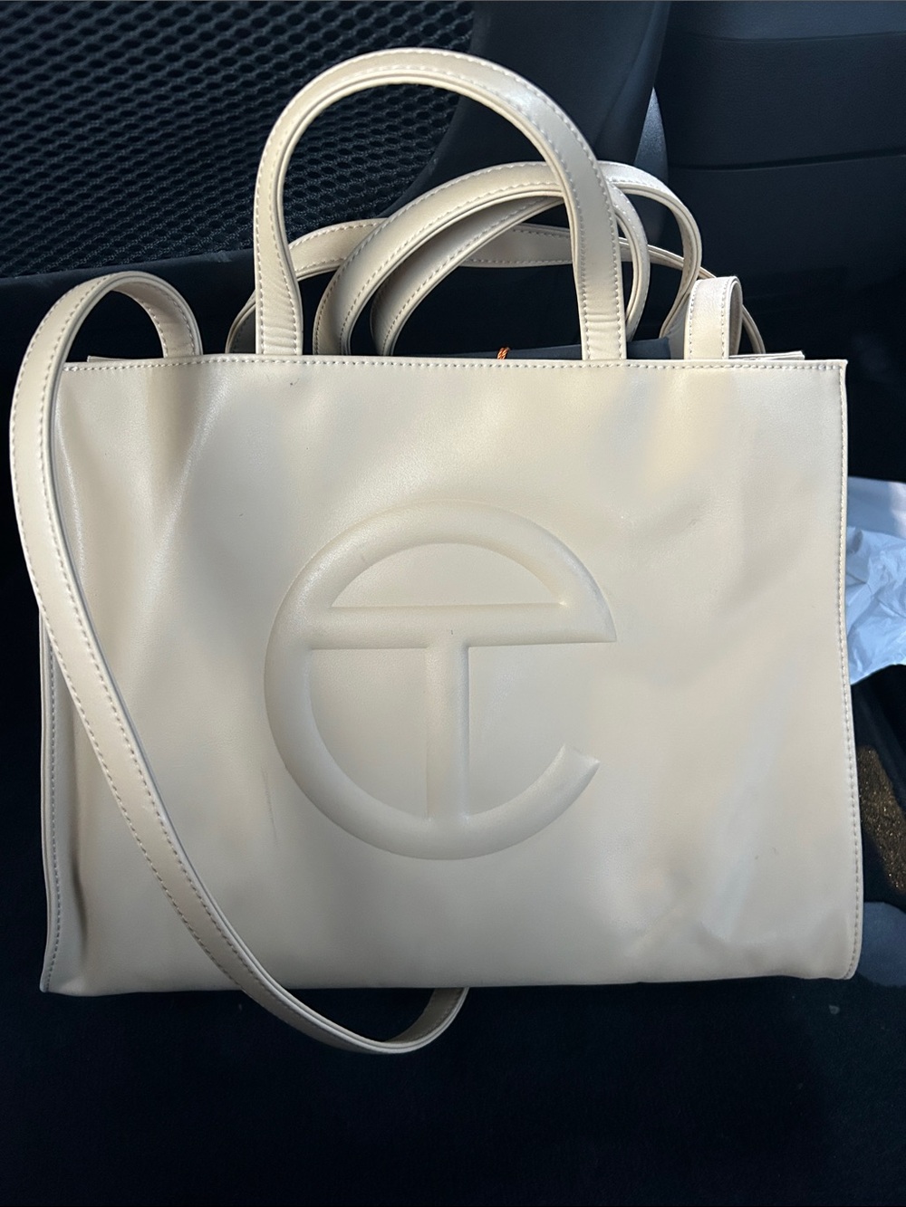 Telfar tan/cream Leather Shopping Tote with Embossed Logo
